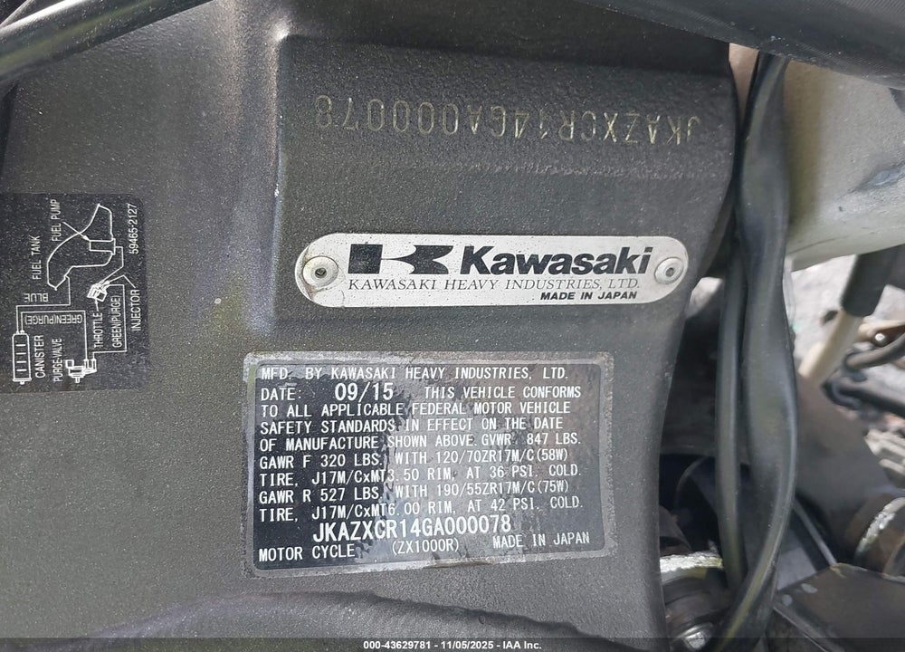 2016 KAWASAKI ZX1000 R VIN: JKAZXCR14GA000078