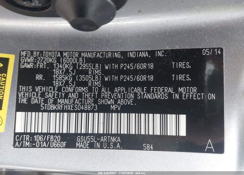 2014 TOYOTA HIGHLANDER LE V6 VIN: 5TDBKRFHXES048873