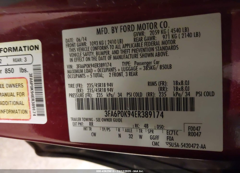 2014 FORD FUSION VIN: 3FA6P0K94ER389174