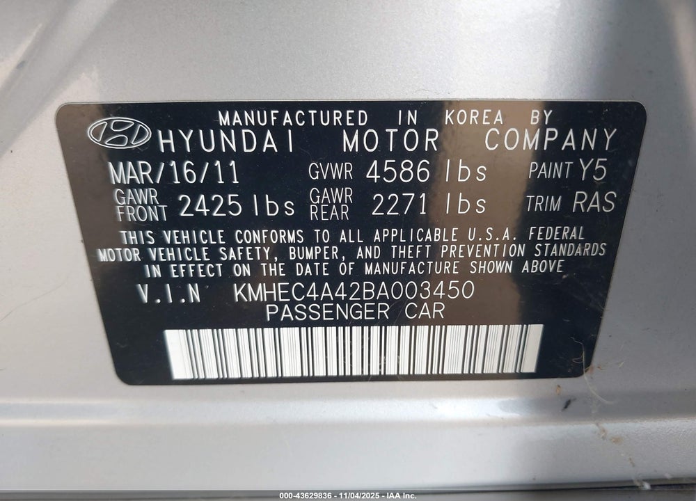 2011 HYUNDAI SONATA HYBRID VIN: KMHEC4A42BA003450