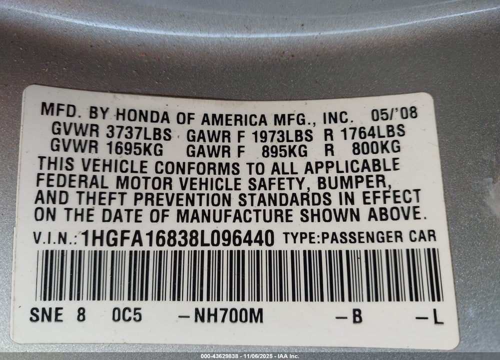 2008 HONDA CIVIC EX VIN: 1HGFA16838L096440