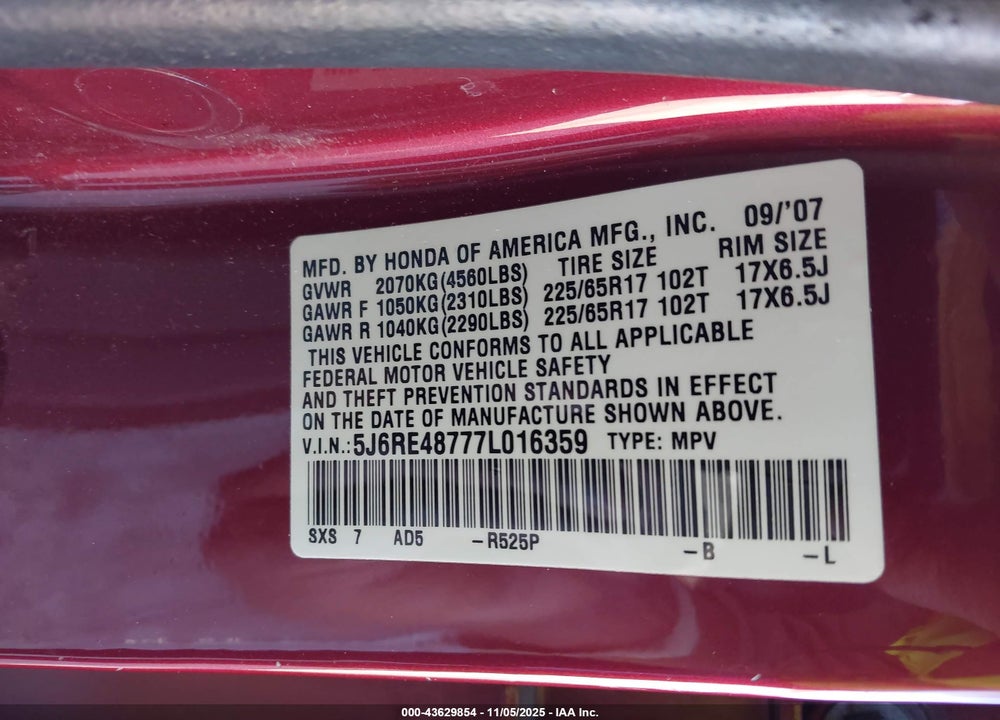 2007 HONDA CR-V EX-L VIN: 5J6RE48777L016359