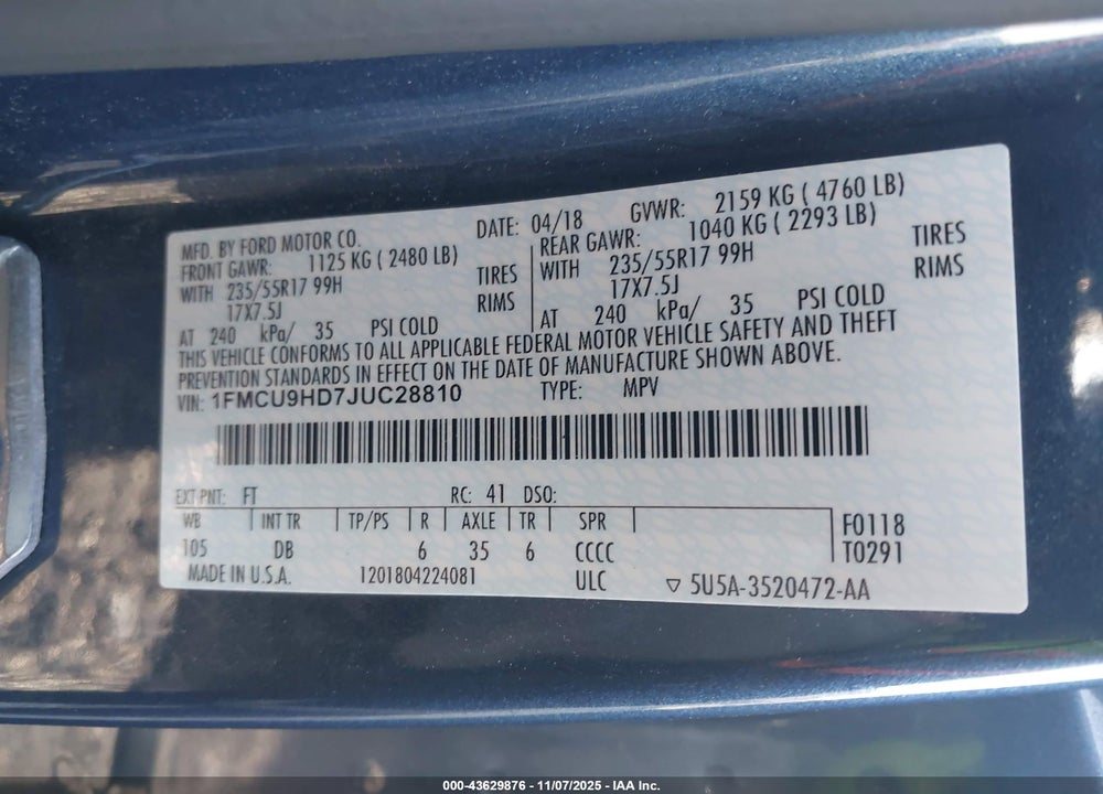 2018 FORD ESCAPE SEL VIN: 1FMCU9HD7JUC28810