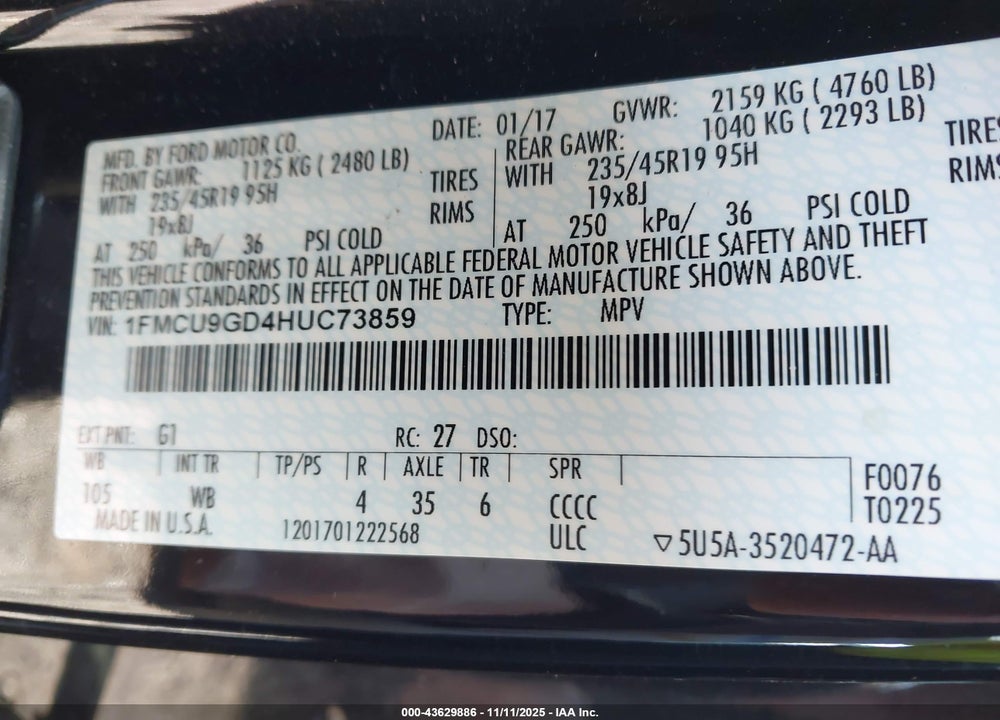 2017 FORD ESCAPE VIN: 1FMCU9GD4HUC73859
