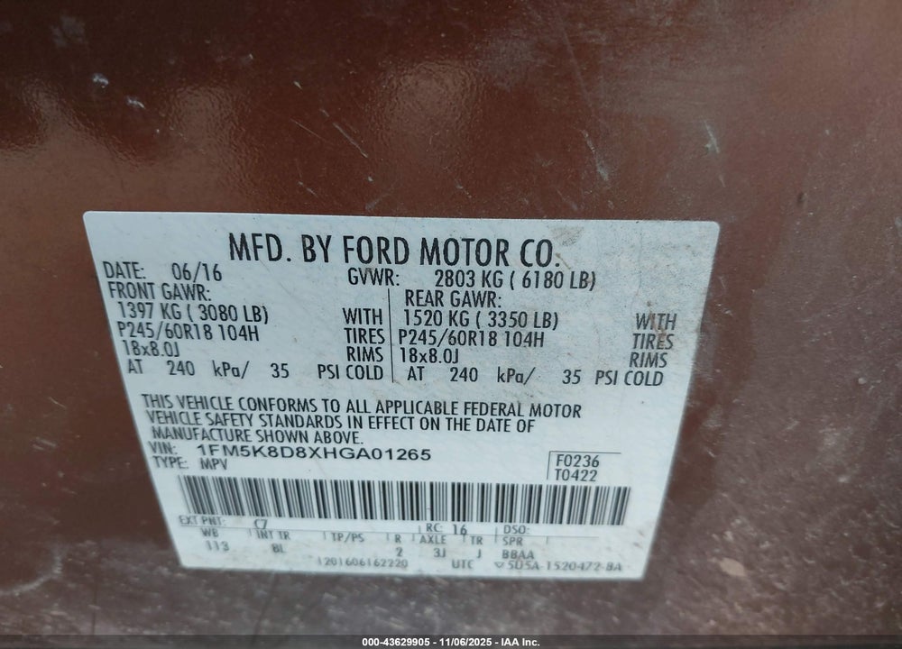 2017 FORD EXPLORER XLT VIN: 1FM5K8D8XHGA01265