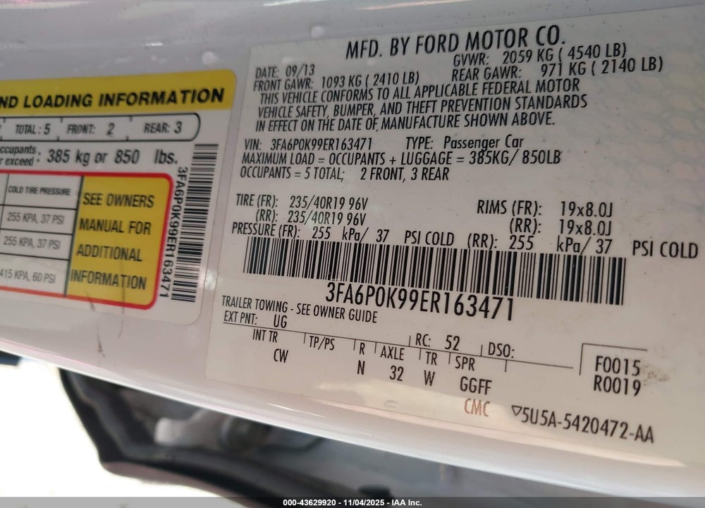 2014 FORD FUSION VIN: 3FA6P0K99ER163471