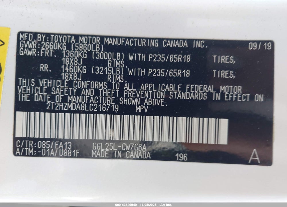 2020 LEXUS RX 350 VIN: 2T2HZMDA8LC216719