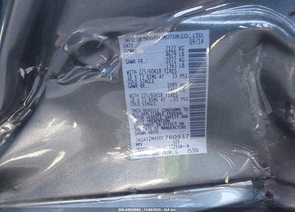 2015 NISSAN ROGUE SL VIN: 5N1AT2MVXFC760937