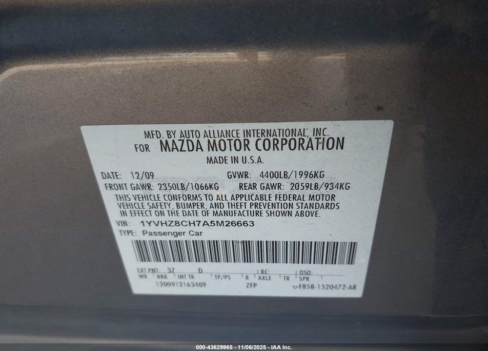 2010 MAZDA 6 I TOURING VIN: 1YVHZ8CH7A5M26663