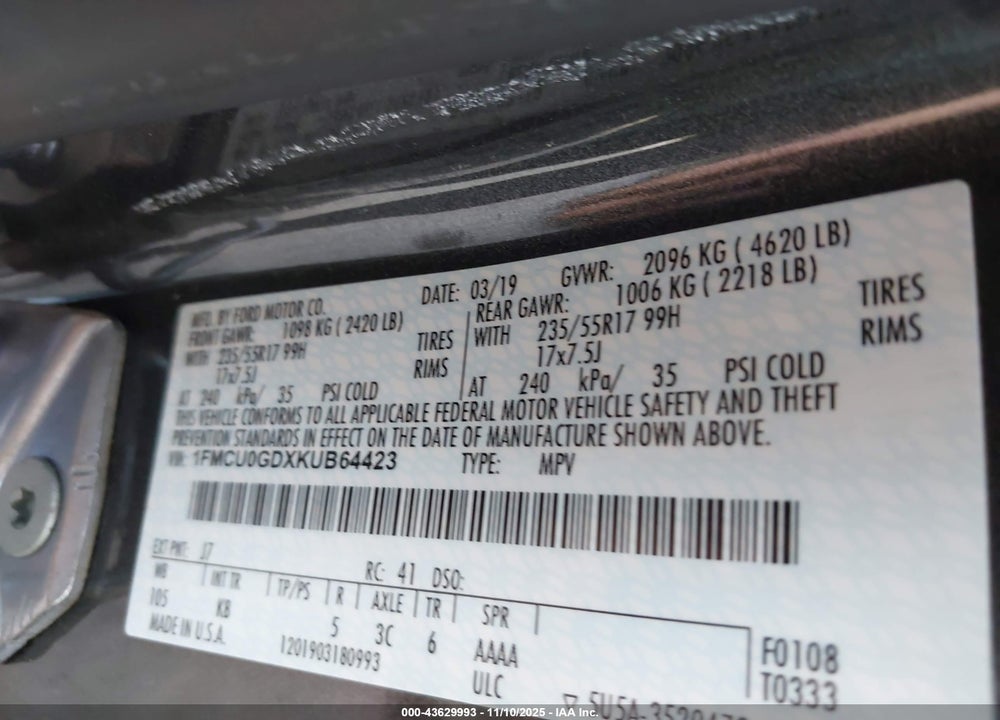 2019 FORD ESCAPE SE VIN: 1FMCU0GDXKUB64423