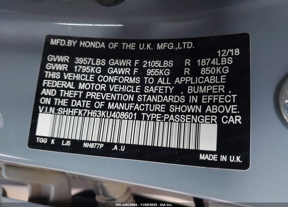 2019 HONDA CIVIC VIN: SHHFK7H63KU408601