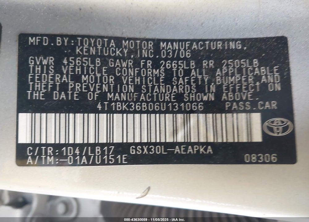 2006 TOYOTA AVALON LIMITED VIN: 4T1BK36B06U131066