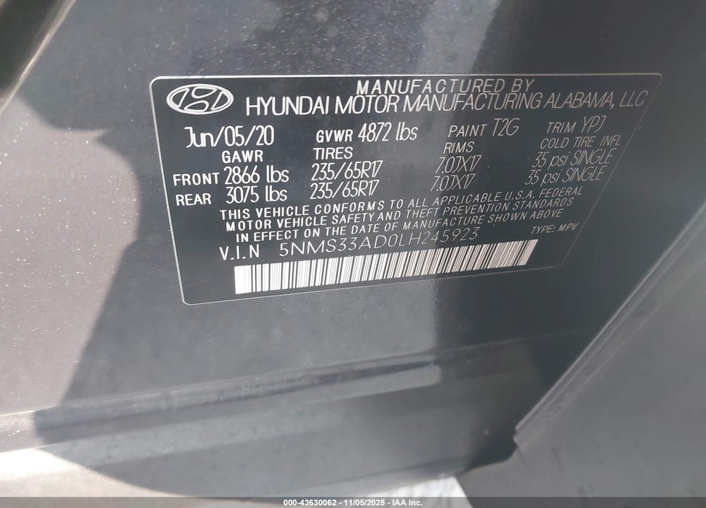 2020 HYUNDAI SANTA FE SEL VIN: 5NMS33AD0LH245923