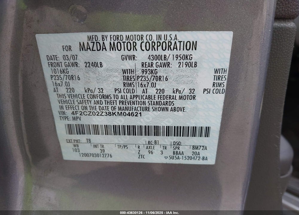 2008 MAZDA TRIBUTE I SPORT VIN: 4F2CZ02Z38KM04621