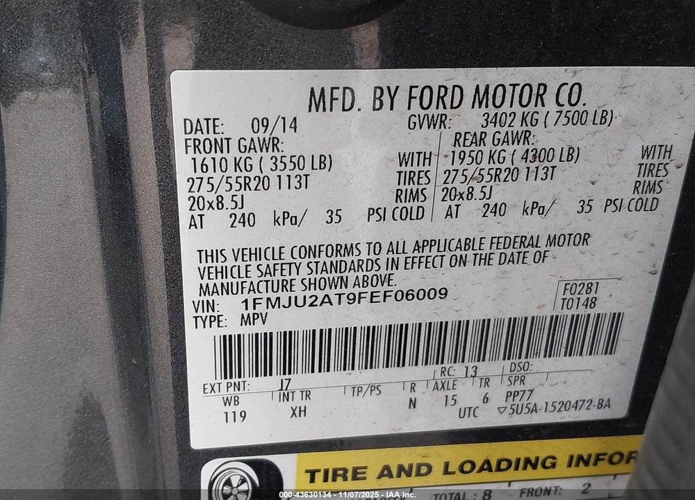 2015 FORD EXPEDITION LIMITED VIN: 1FMJU2AT9FEF06009