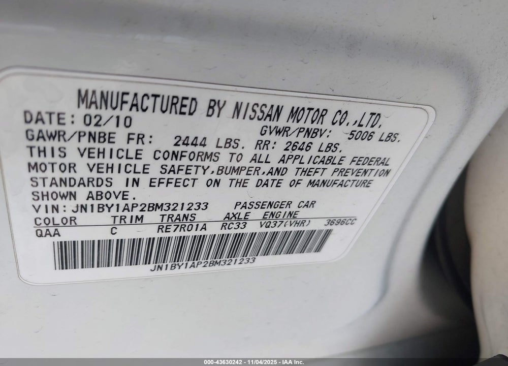 2011 INFINITI M37 VIN: JN1BY1AP2BM321233