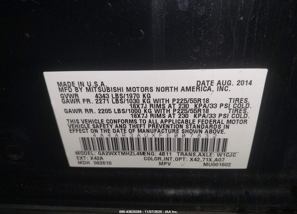 2015 MITSUBISHI OUTLANDER SPORT ES VIN: 4A4AR3AUXFE007832