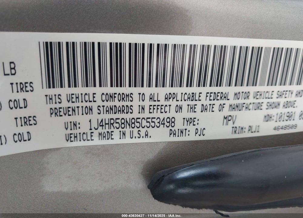2005 JEEP GRAND CHEROKEE LIMITED VIN: 1J4HR58N85C553498