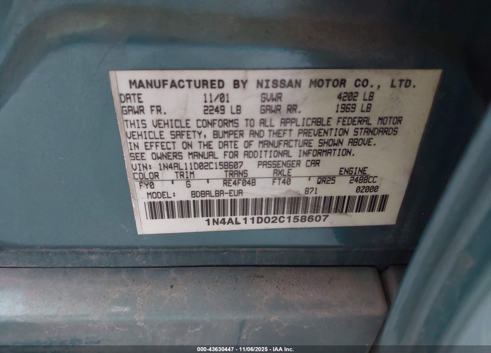 2002 NISSAN ALTIMA 2.5 S VIN: 1N4AL11D02C158607