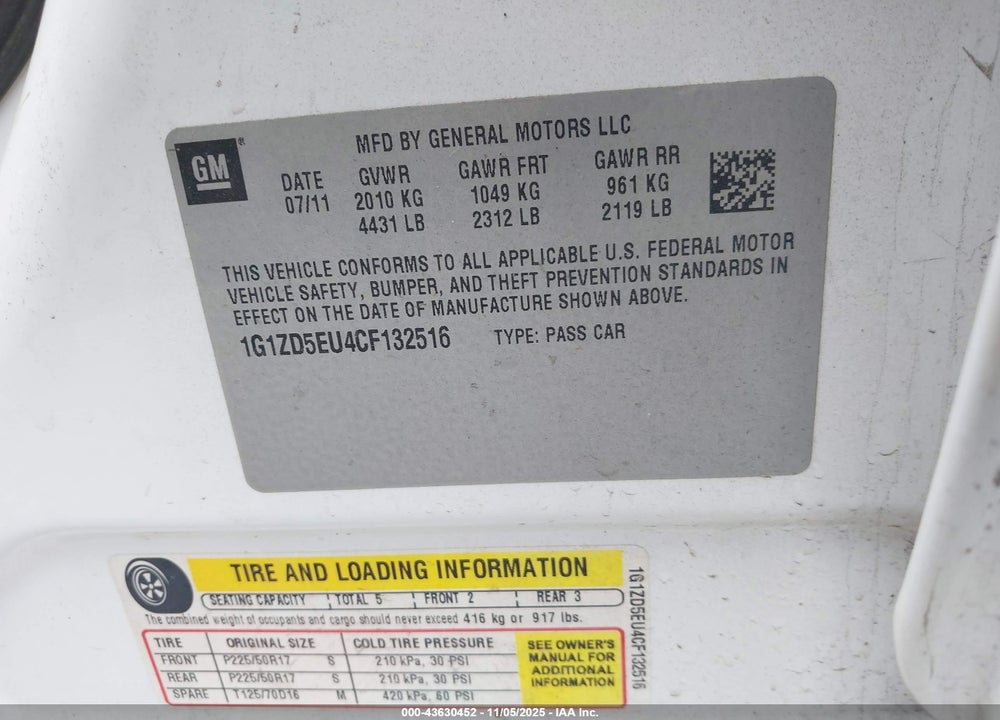 2012 CHEVROLET MALIBU VIN: 1G1ZD5EU4CF132516