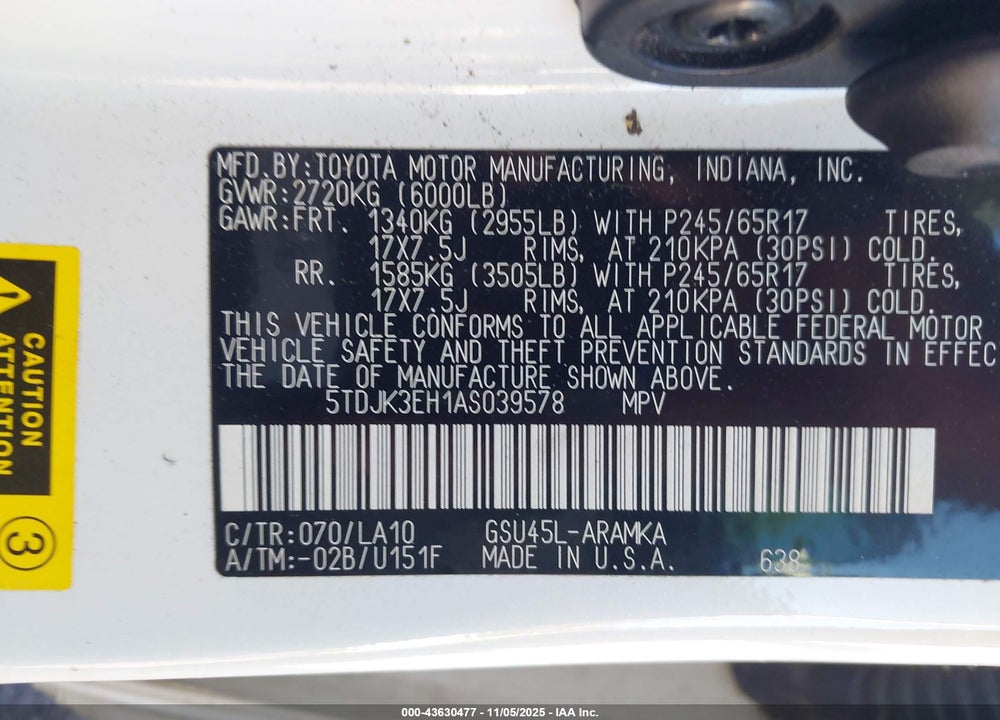 2010 TOYOTA HIGHLANDER VIN: 5TDJK3EH1AS039578