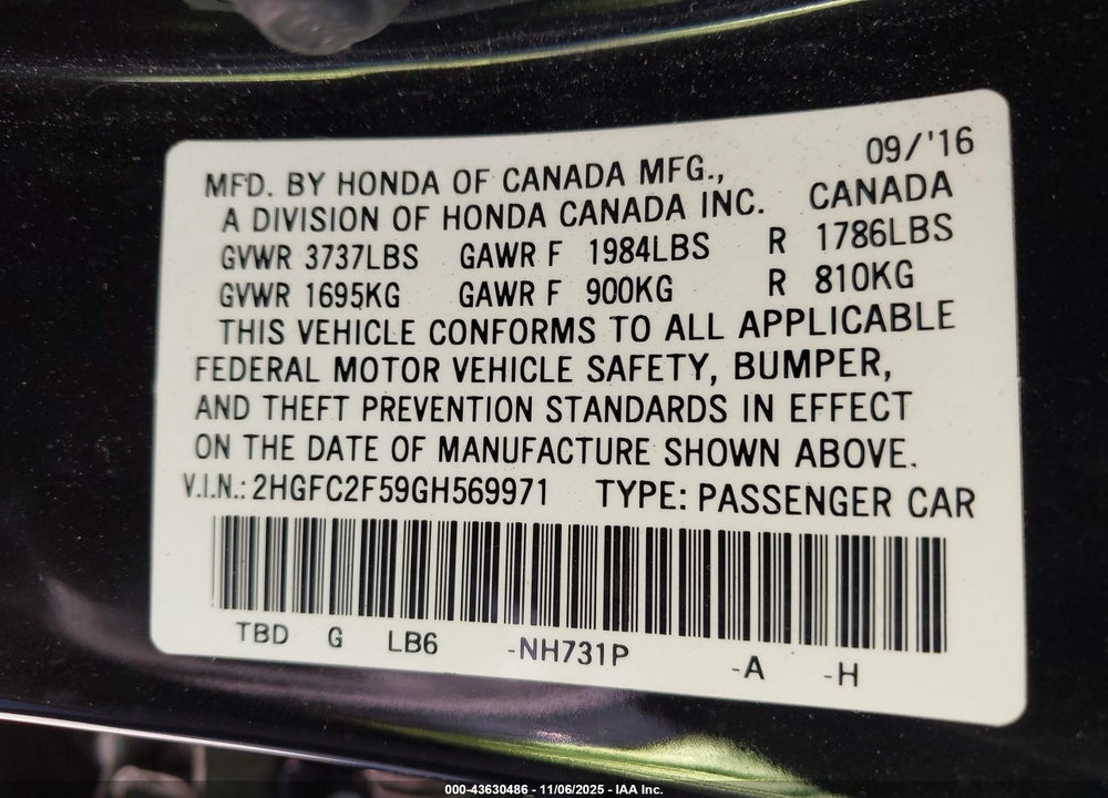 2016 HONDA CIVIC LX VIN: 2HGFC2F59GH569971