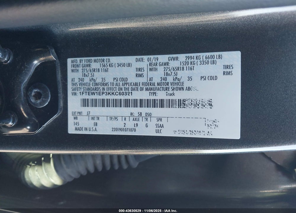 2019 FORD F-150 LARIAT VIN: 1FTEW1EP3KKC60321