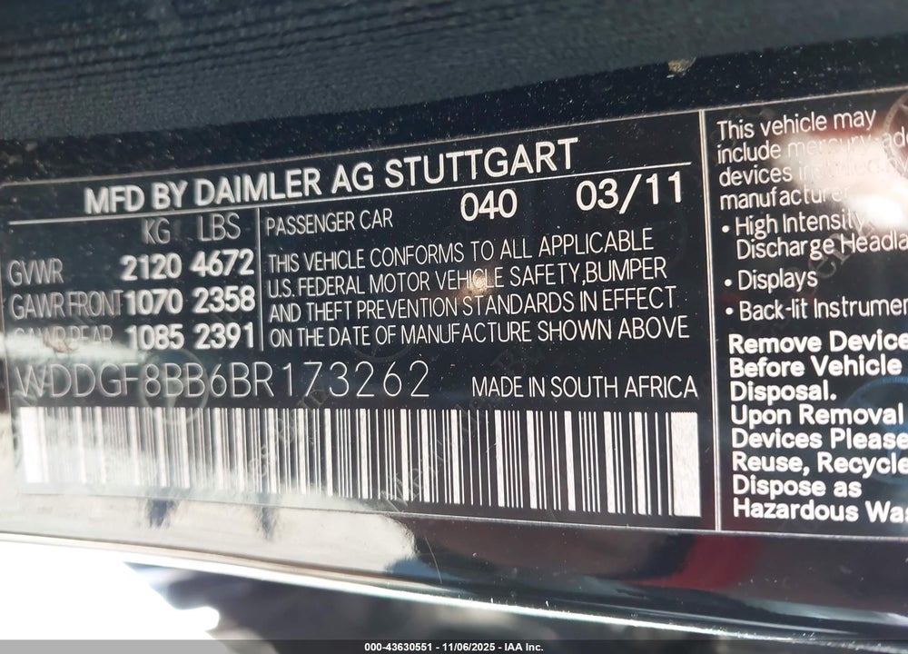 2011 MERCEDES-BENZ C 300 LUXURY 4MATIC/SPORT 4MATIC VIN: WDDGF8BB6BR173262