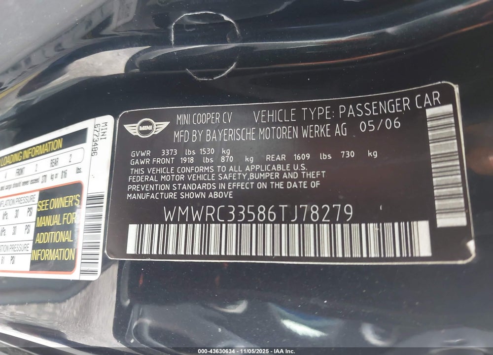 2006 MINI COOPER VIN: WMWRC33586TJ78279