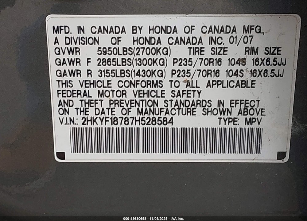 2007 HONDA PILOT EX-L VIN: 2HKYF18787H528584