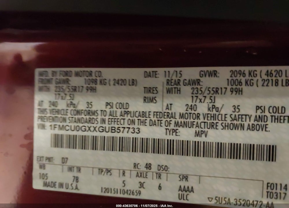 2016 FORD ESCAPE SE VIN: 1FMCU0GXXGUB57733