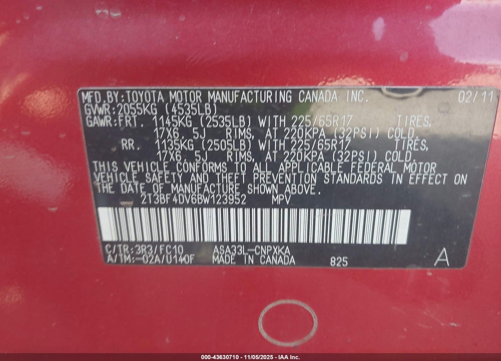 2011 TOYOTA RAV4 VIN: 2T3BF4DV6BW123952