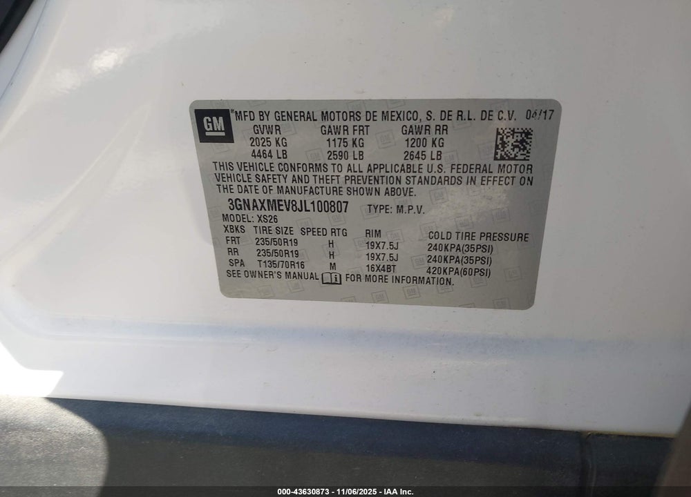 2018 CHEVROLET EQUINOX PREMIER VIN: 3GNAXMEV8JL100807