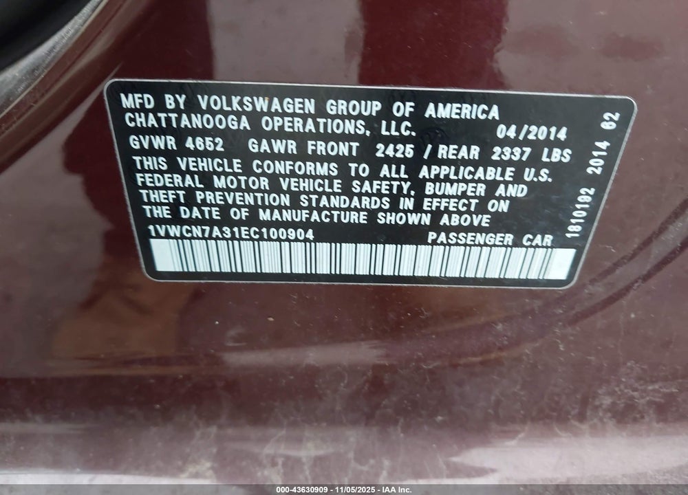 2014 VOLKSWAGEN PASSAT VIN: 1VWCN7A31EC100904
