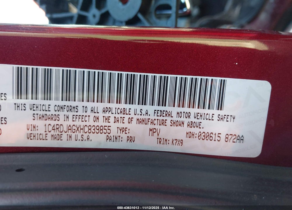 2017 DODGE DURANGO VIN: 1C4RDJAGXHC839855