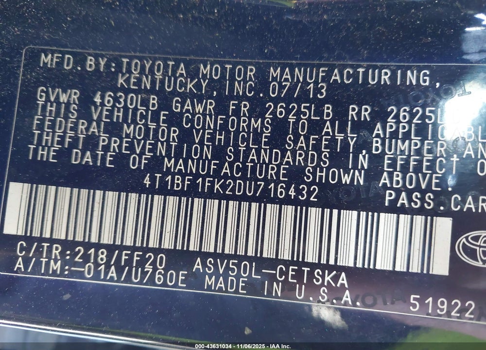 2013 TOYOTA CAMRY SE VIN: 4T1BF1FK2DU716432