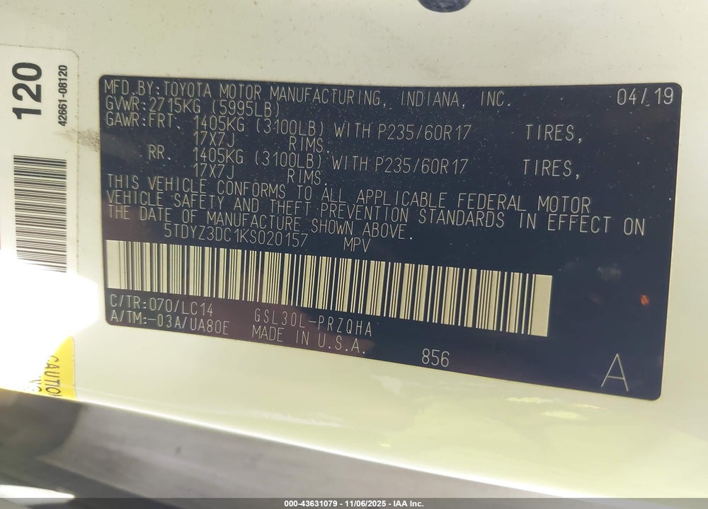 2019 TOYOTA SIENNA XLE 8 PASSENGER VIN: 5TDYZ3DC1KS020157