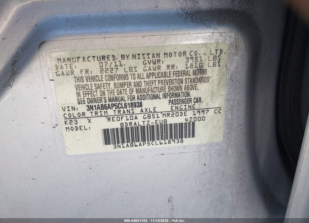 2012 NISSAN SENTRA 2.0 SR VIN: 3N1AB6AP5CL618938
