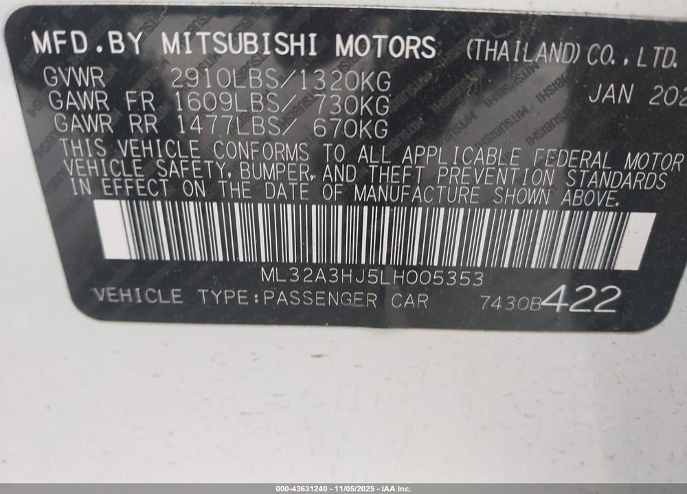 2020 MITSUBISHI MIRAGE VIN: ML32A3HJ5LH005353