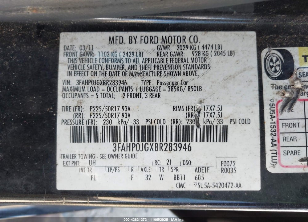 2011 FORD FUSION SEL VIN: 3FAHP0JGXBR283946