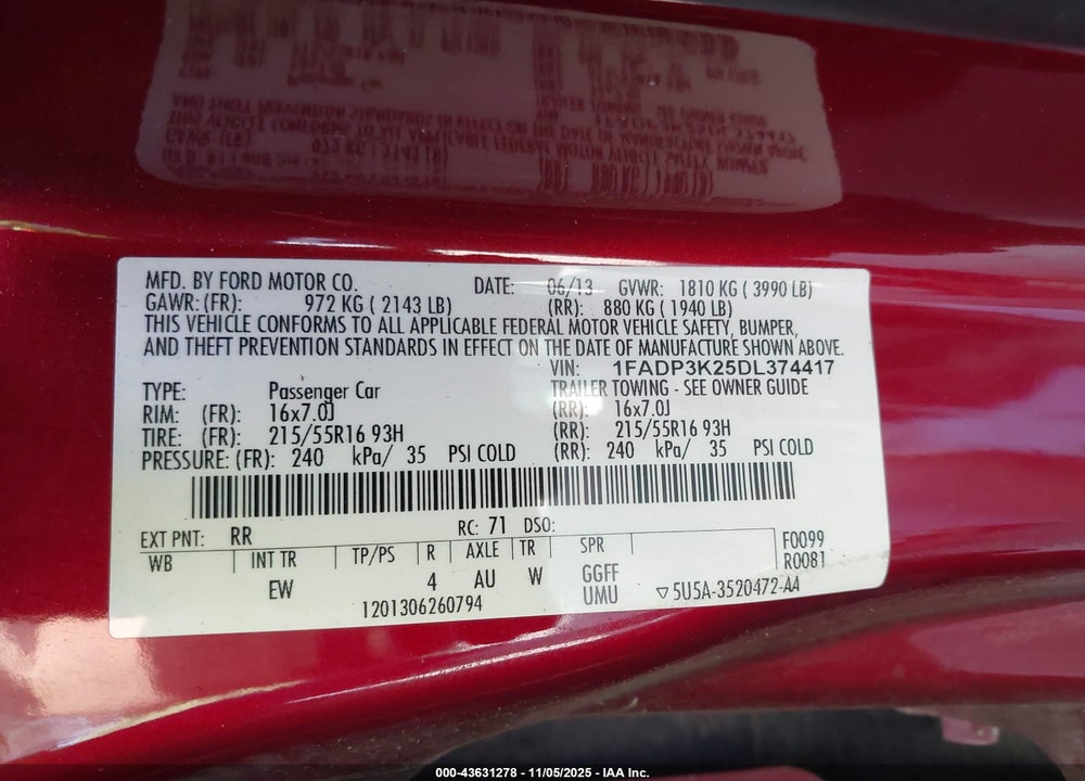 2013 FORD FOCUS VIN: 1FADP3K25DL374417