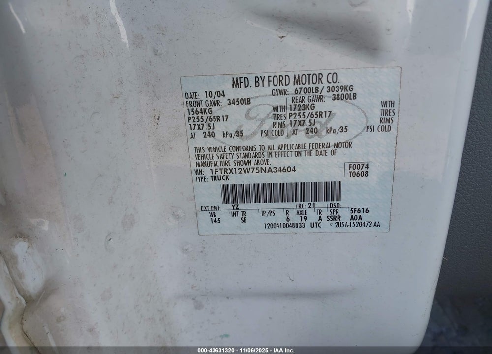 2005 FORD F-150 VIN: 1FTRX12W75NA34604