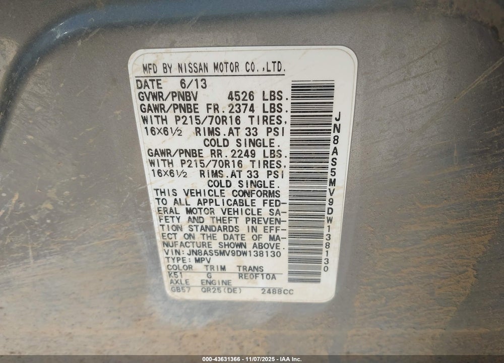 2013 NISSAN ROGUE S VIN: JN8AS5MV9DW138130