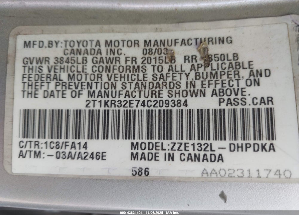 2004 TOYOTA MATRIX STANDARD VIN: 2T1KR32E74C209384