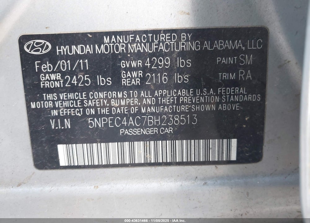 2011 HYUNDAI SONATA SE VIN: 5NPEC4AC7BH238513