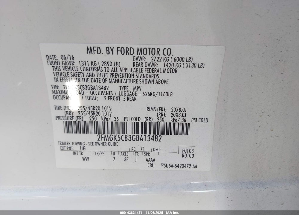 2016 FORD FLEX SEL VIN: 2FMGK5C83GBA13482