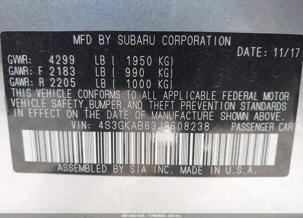 2018 SUBARU IMPREZA 2.0I PREMIUM VIN: 4S3GKAB63J3608238