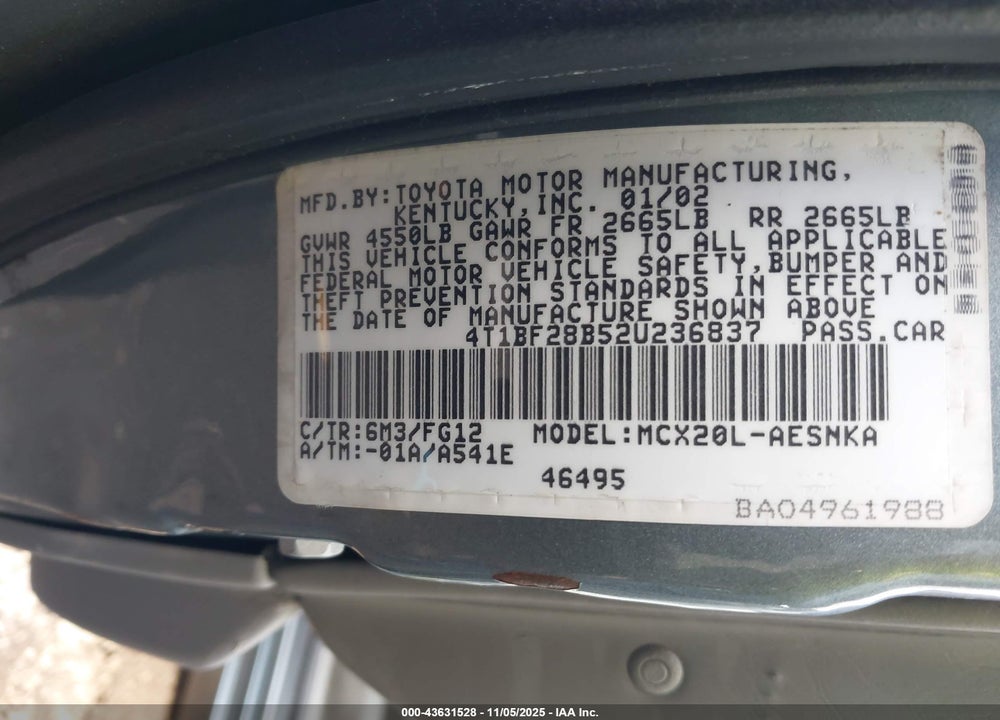 2002 TOYOTA AVALON XL VIN: 4T1BF28B52U236837