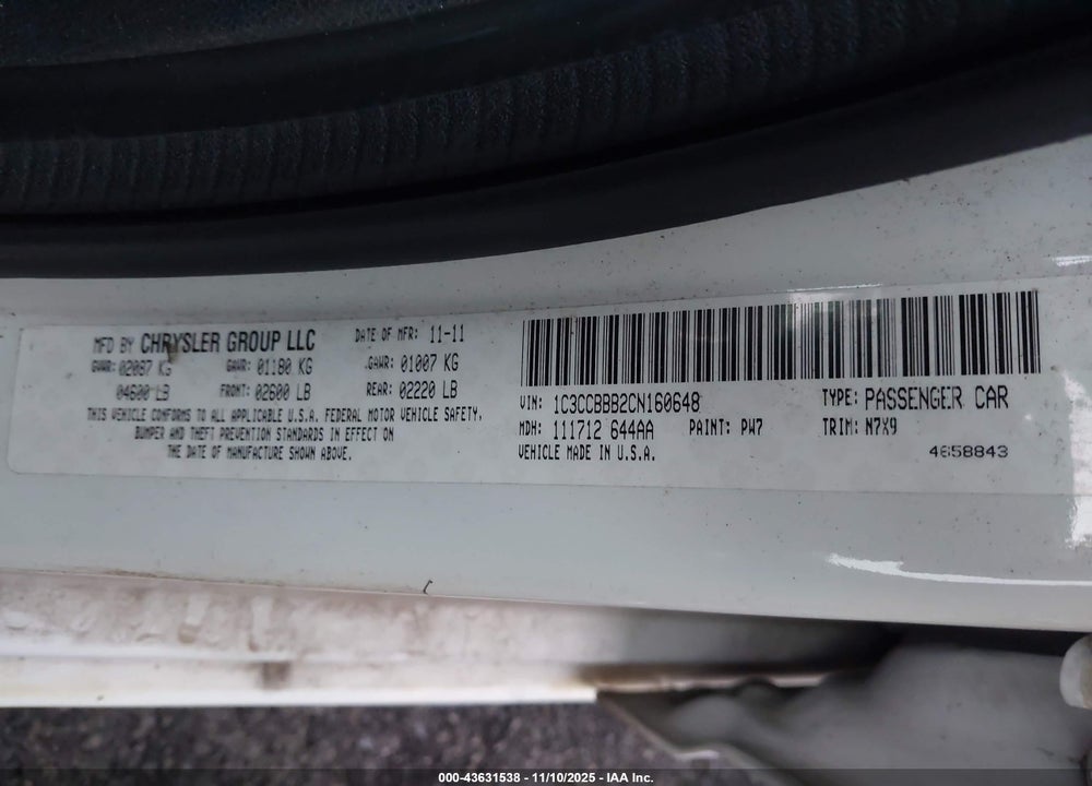 2012 CHRYSLER 200 TOURING VIN: 1C3CCBBB2CN160648