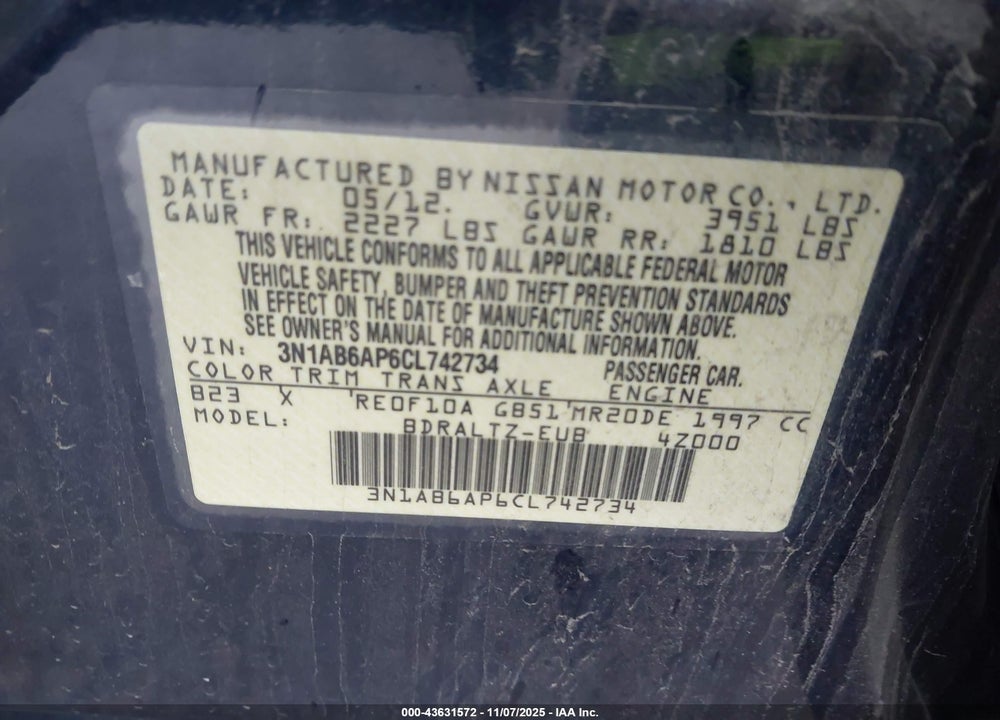 2012 NISSAN SENTRA VIN: 3N1AB6AP6CL742734